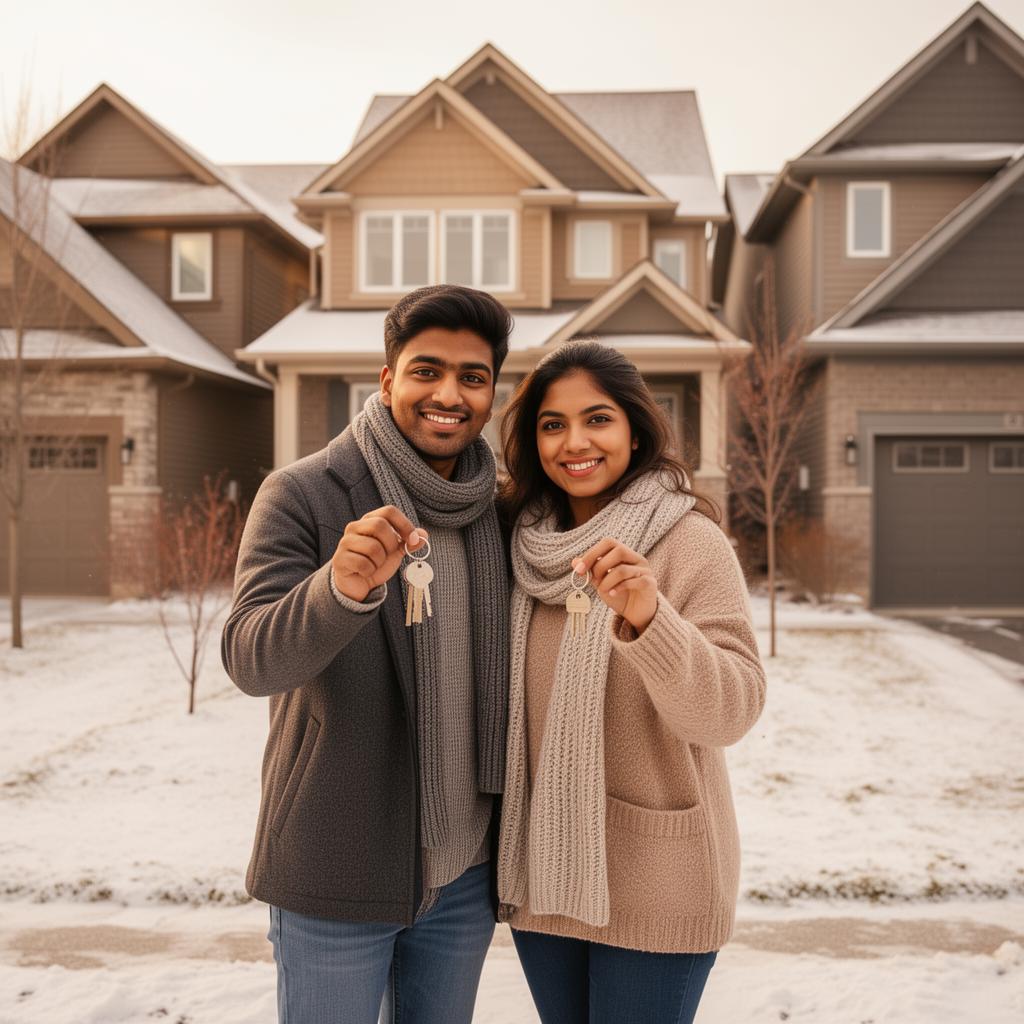Young couple with house keys in new neighborhood
